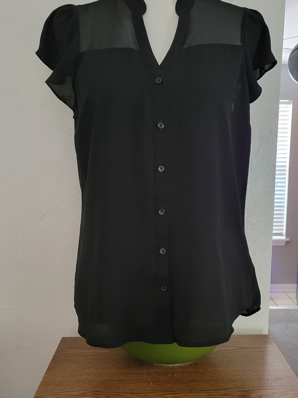 Express Black Sheer Yoke Flutter Sleeve Button-Front Top